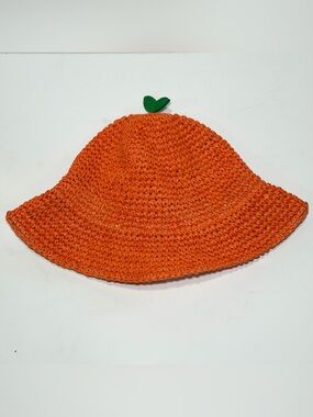 Women’s Orange Tangerine Crochet Sun Hat with Green Leaf On Top